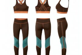 A set of women's athletic wear generated by NewArc.ai, featuring a sports bra and leggings. The outfit is primarily brown with orange and teal accents. The sports bra has a racerback design with criss-cross straps, shown from front, back, and side views. The leggings have a high waist with teal color blocking on the lower legs and orange piping details, displayed in front, back, and side views. The image showcases the 3D visualization capabilities of AI-generated fashion design.