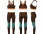 A set of women's athletic wear generated by NewArc.ai, featuring a sports bra and leggings. The outfit is primarily brown with orange and teal accents. The sports bra has a racerback design with criss-cross straps, shown from front, back, and side views. The leggings have a high waist with teal color blocking on the lower legs and orange piping details, displayed in front, back, and side views. The image showcases the 3D visualization capabilities of AI-generated fashion design.